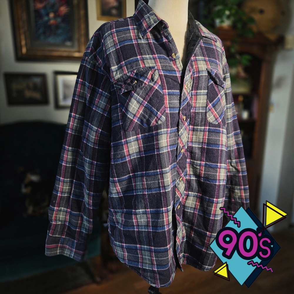 Vintage 90s Flannel Shirt Northwest Territory XL Quilted Lined Plaid Purple Work